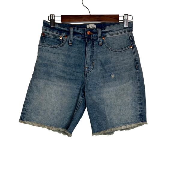 J. Crew Women’s Long Denim Shorts Raw Hem Mid Rise Blue 5 Pocket NWT Size 25 - Picture 2 of 8